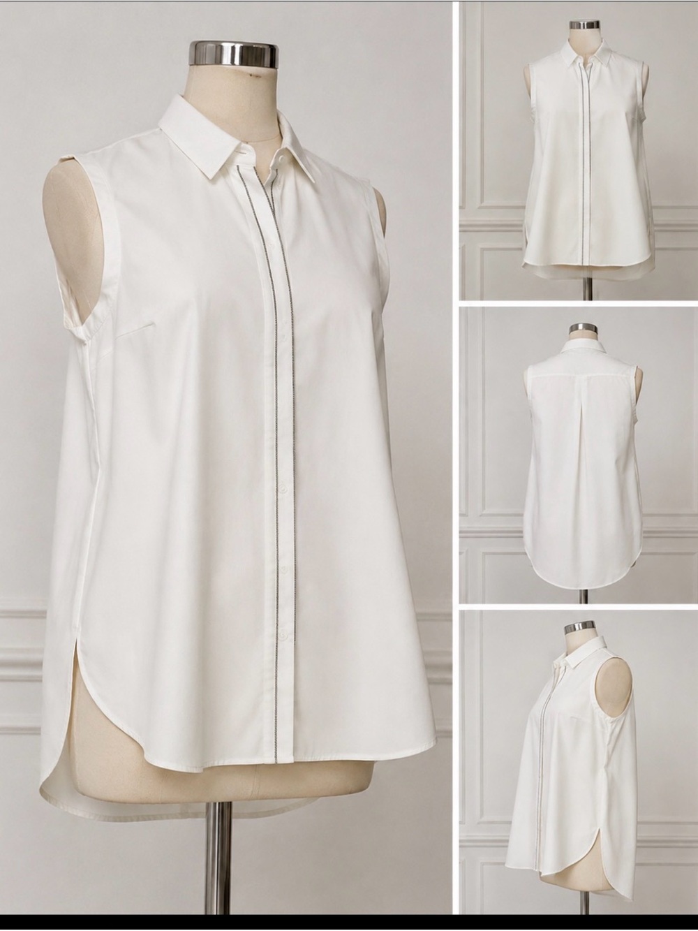 Brunello Cucinelli White Sleeveless Monili Trim Blouse – Made in Italy